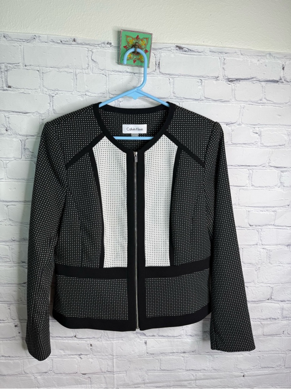 CALVIN KLEIN Polka Dot Black And White Zip Front Blazer 12